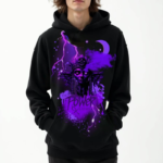 A man wearing a black hoodie featuring a purple graffiti "Power" and the image of a powerful figure
