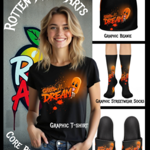 Sweet Dream Bundle featuring a t-shirt, beanie, socks, and deco slides.