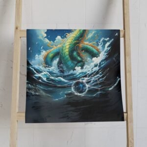 Water Dragon Hand Towel draped over a towel rack