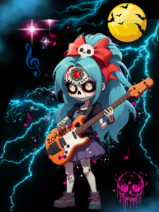 Zombees Band Luzi Flores playing her bass guitar with bright blue lightning behind her