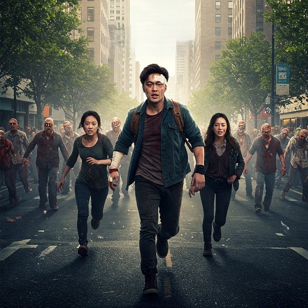 scene from zombie flicks with people walking briskly down a city street filled with zombies