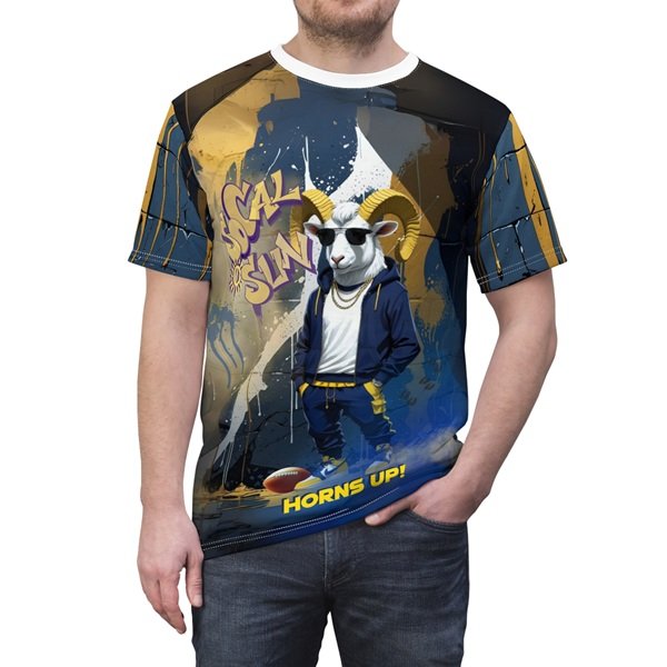 Horns Up T-shirt On Person Front, White stitching