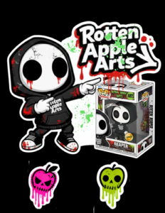 Rotten Apple Arts Funko over there. The Rotten Apple Arts Reaper is pointing at the Rotten Apple Arts name over a fictious Reaper Funko Pop.