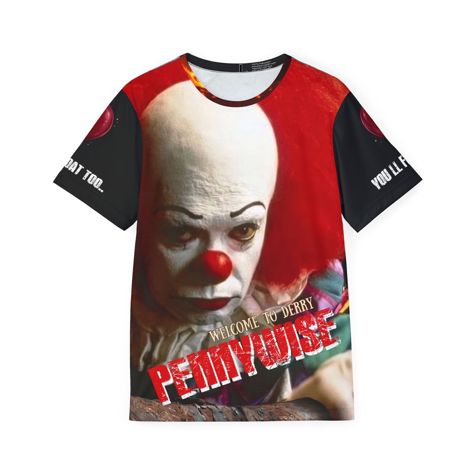 A hauntingly crisp, close-up portrait of the iconic 1990 classic clown, framed by a vibrant splash of red hair and the gritty, blood-red text: "Welcome to Derry – Pennywise".