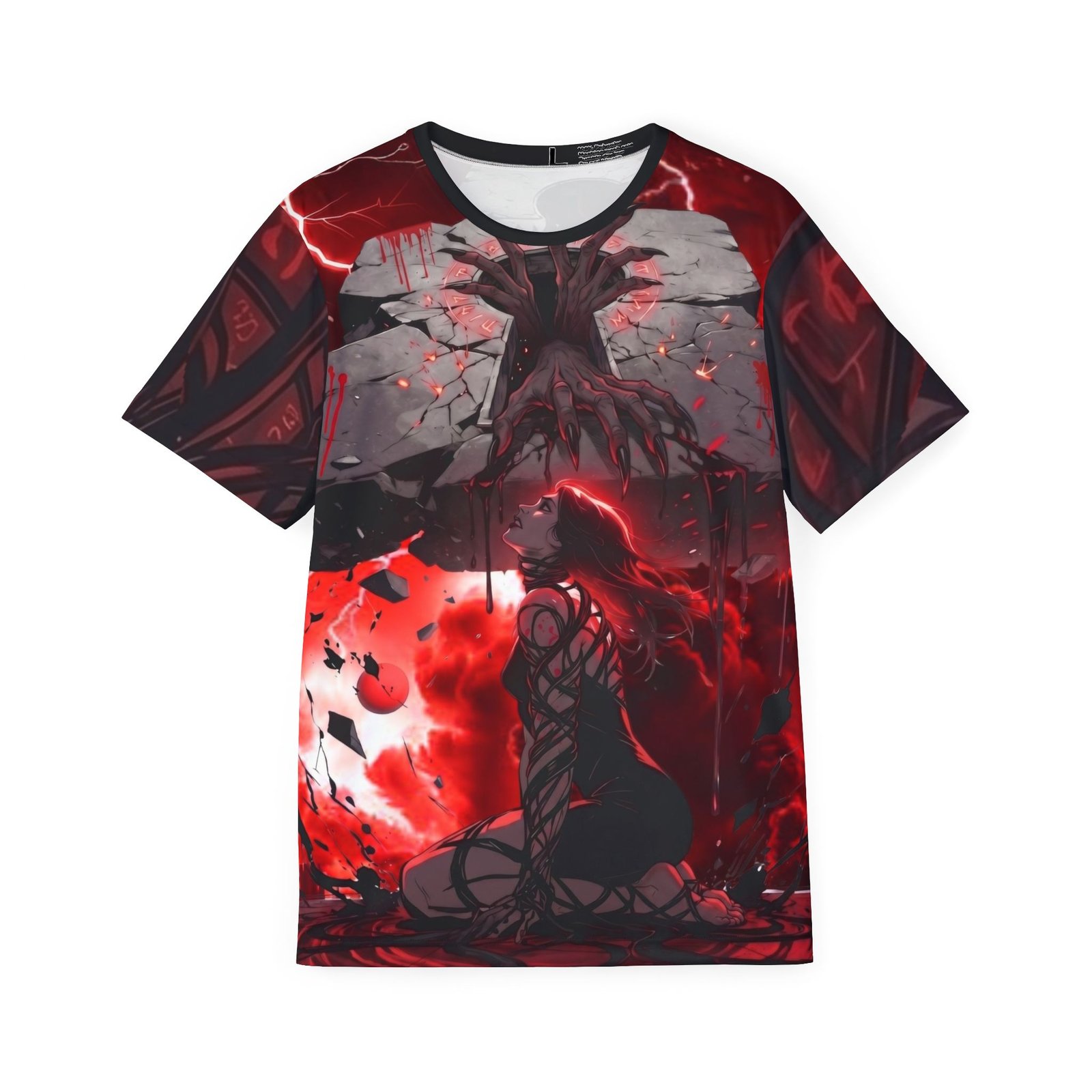 Crimson Wrath is a raw, high-impact dark fantasy design capturing the moment of ultimate power breaking free from containment. The front features a bound silhouette kneeling in the midst of a violent crimson storm as giant claws splinter the stone above. The back unleashes the true beast: a hulking, winged demon lord standing defiant over broken chains, surrounded by surging red lightning.
