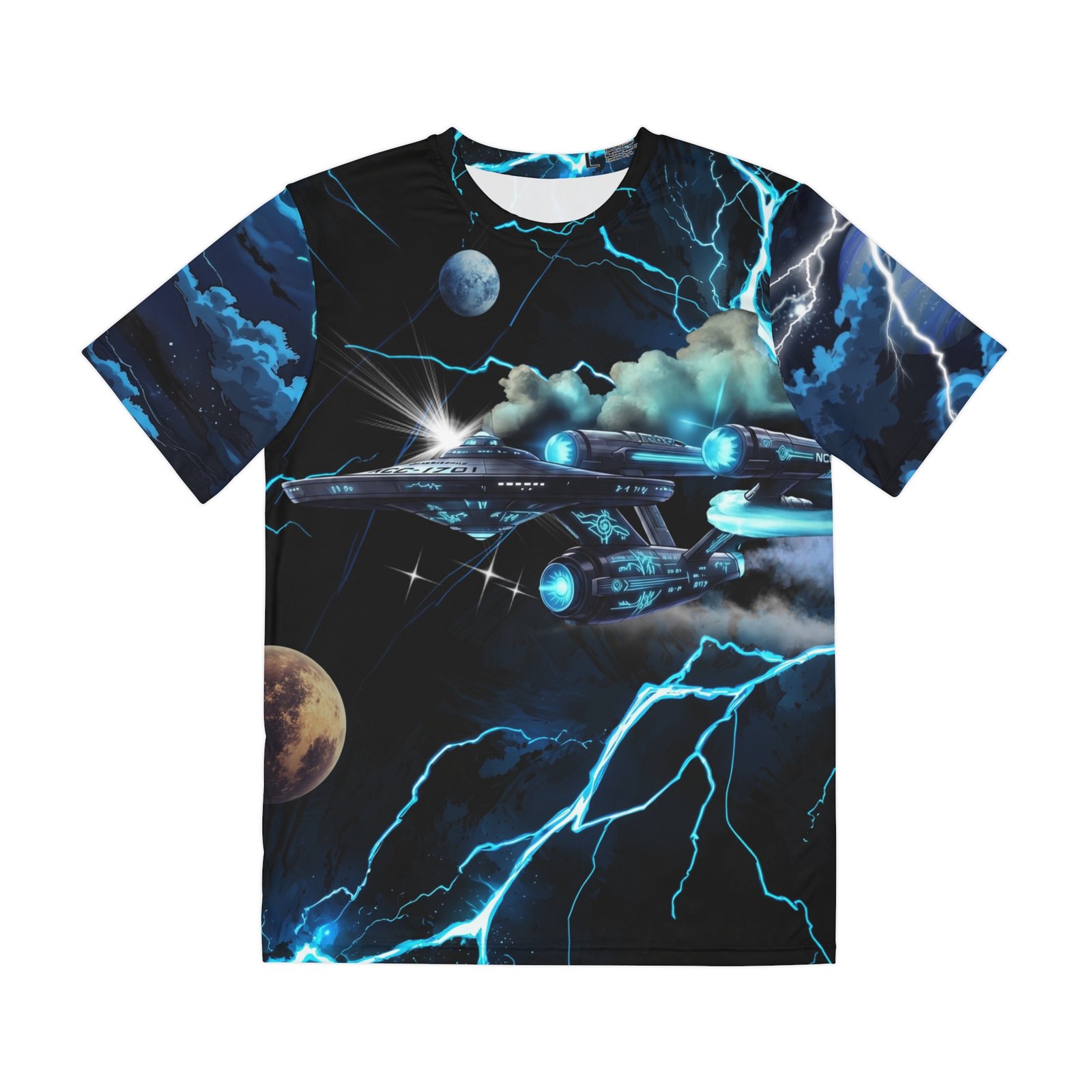 Starship Lightning is an epic, high-contrast space opera design capturing the raw power of the cosmos. The front captures a futuristic starship as it cuts through thick, swirling space nebulae and evades a crackling fork of blue interstellar lightning. The back opens up into a full electric nebula storm, showcasing a brilliant, surging vortex of hyper-charged plasma twisting past planets and distant galaxies.