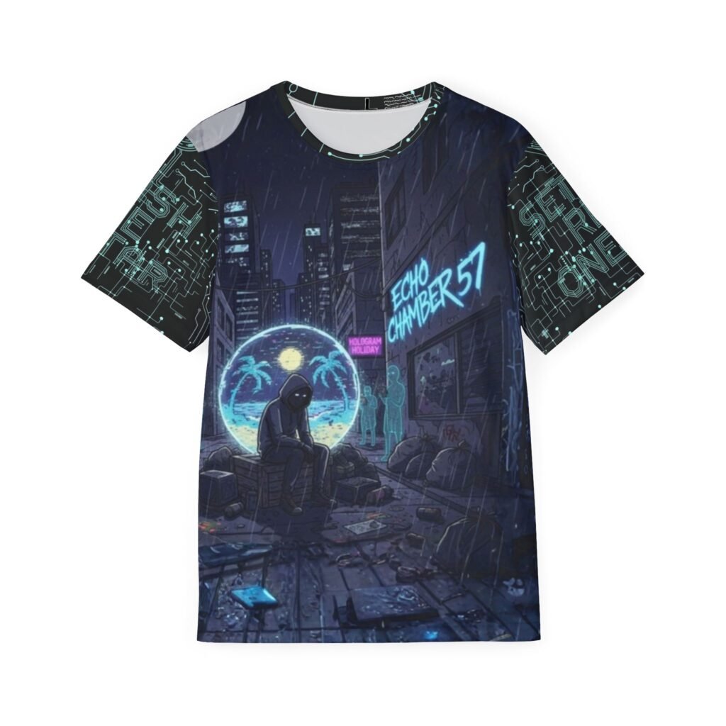 Front view of the Echo Chamber 57 all-over print t-shirt. The design features a dark, rainy cyberpunk alleyway at night with glowing blue and pink neon signs. A hooded figure sits on a crate, looking into a glowing circular hologram that displays a contrasting sunny beach with palm trees. The sleeves are covered in a glowing green and black electronic circuit board pattern.