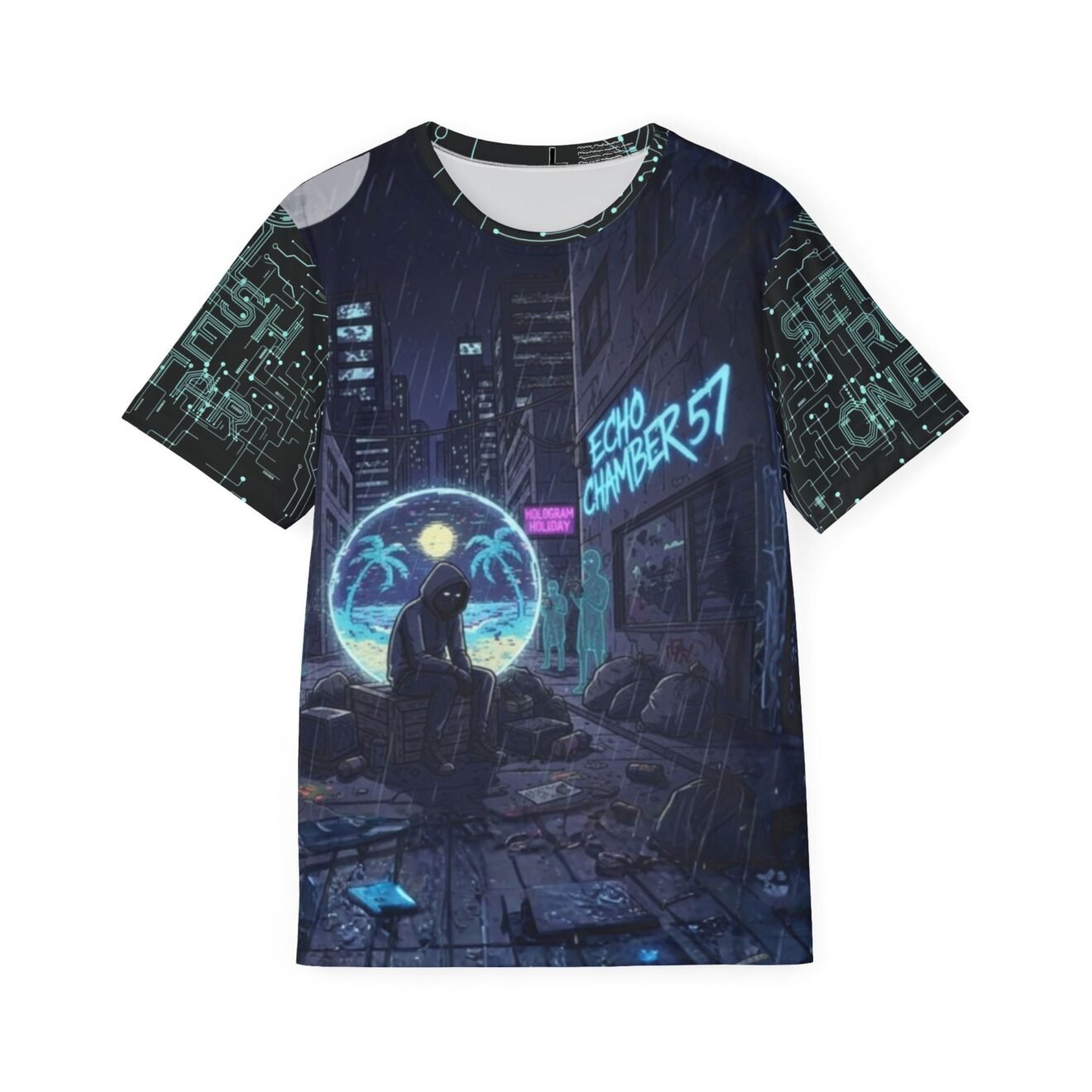 Front view of the Echo Chamber 57 all-over print t-shirt. The design features a dark, rainy cyberpunk alleyway at night with glowing blue and pink neon signs. A hooded figure sits on a crate, looking into a glowing circular hologram that displays a contrasting sunny beach with palm trees. The sleeves are covered in a glowing green and black electronic circuit board pattern.