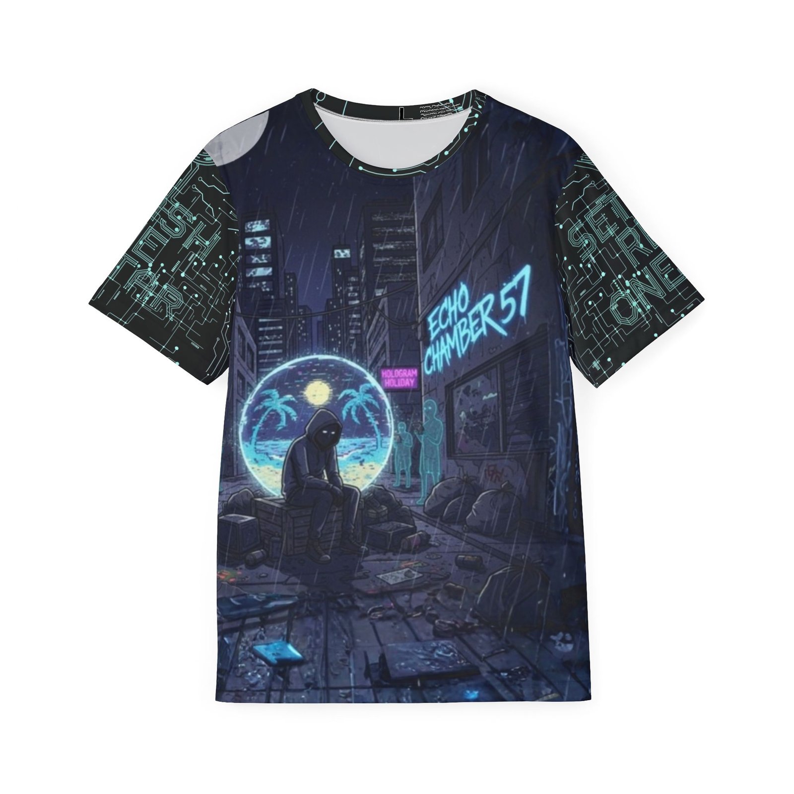 Front view of the Echo Chamber 57 all-over print t-shirt. The design features a dark, rainy cyberpunk alleyway at night with glowing blue and pink neon signs. A hooded figure sits on a crate, looking into a glowing circular hologram that displays a contrasting sunny beach with palm trees. The sleeves are covered in a glowing green and black electronic circuit board pattern.