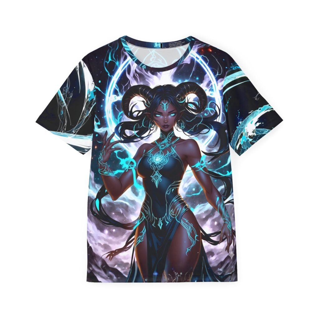 Celestial Sorceress is a mesmerizing dark fantasy design capturing a powerful, horned sorceress channeling brilliant cyan magical energy. Swirling neon currents wrap around her silhouette on the front, while the reverse unleashes an intricate arcane sigil matrix channeling raw cosmic power against a deep, dark abyss.
