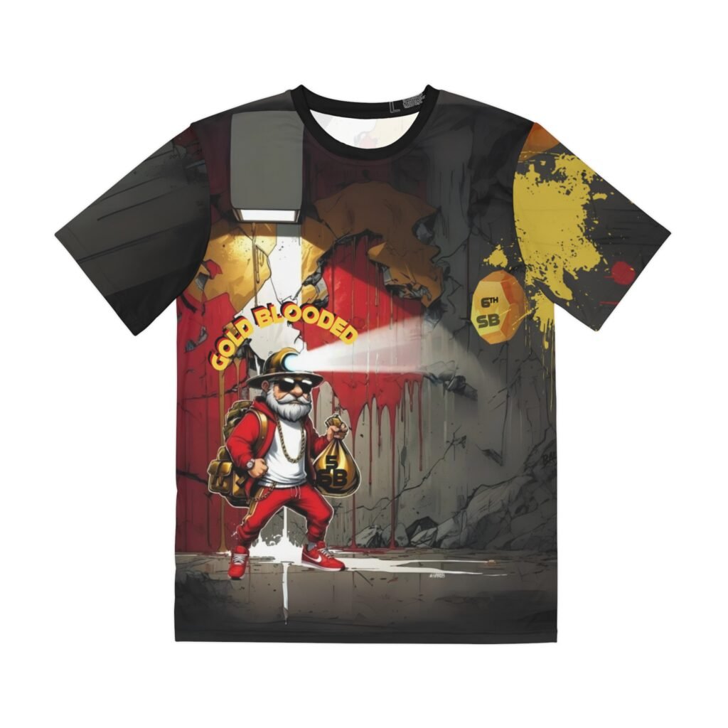 Gold Blooded is a rich and ambitious design that exudes confidence, determination, and a winning spirit. The central figure is a cool, stylized character, radiating a swaggering confidence, dressed in red and adorned with golden accents, reminiscent of a gold miner or treasure hunter. He symbolizes the relentless pursuit of success and value. The background is a textured wall, dramatically splattered with dripping red and gleaming gold paint, evoking passion and the allure of wealth. Phrases like GOLD BLOODED and DIGGING FOR SIX are integrated, reinforcing the design's themes of ambition, victory, and an unyielding drive for success. This artwork is a statement of determination, prosperity, and a winning mentality.