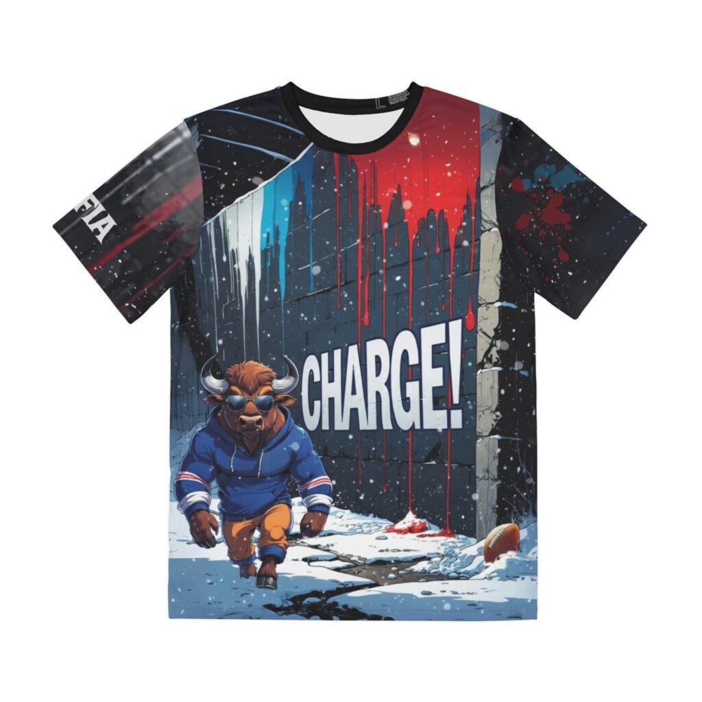 Wear the energy of the charge. The Mafia Charge T-shirt is a statement piece for those who bring intensity to everything they do. This tee showcases the full, dynamic winter artwork seen on our other products: the gritty MAFIA graffiti, the CHARGE! sign, and the powerful bull character plowing through the snow. It’s a high-impact look designed for the urban jungle.