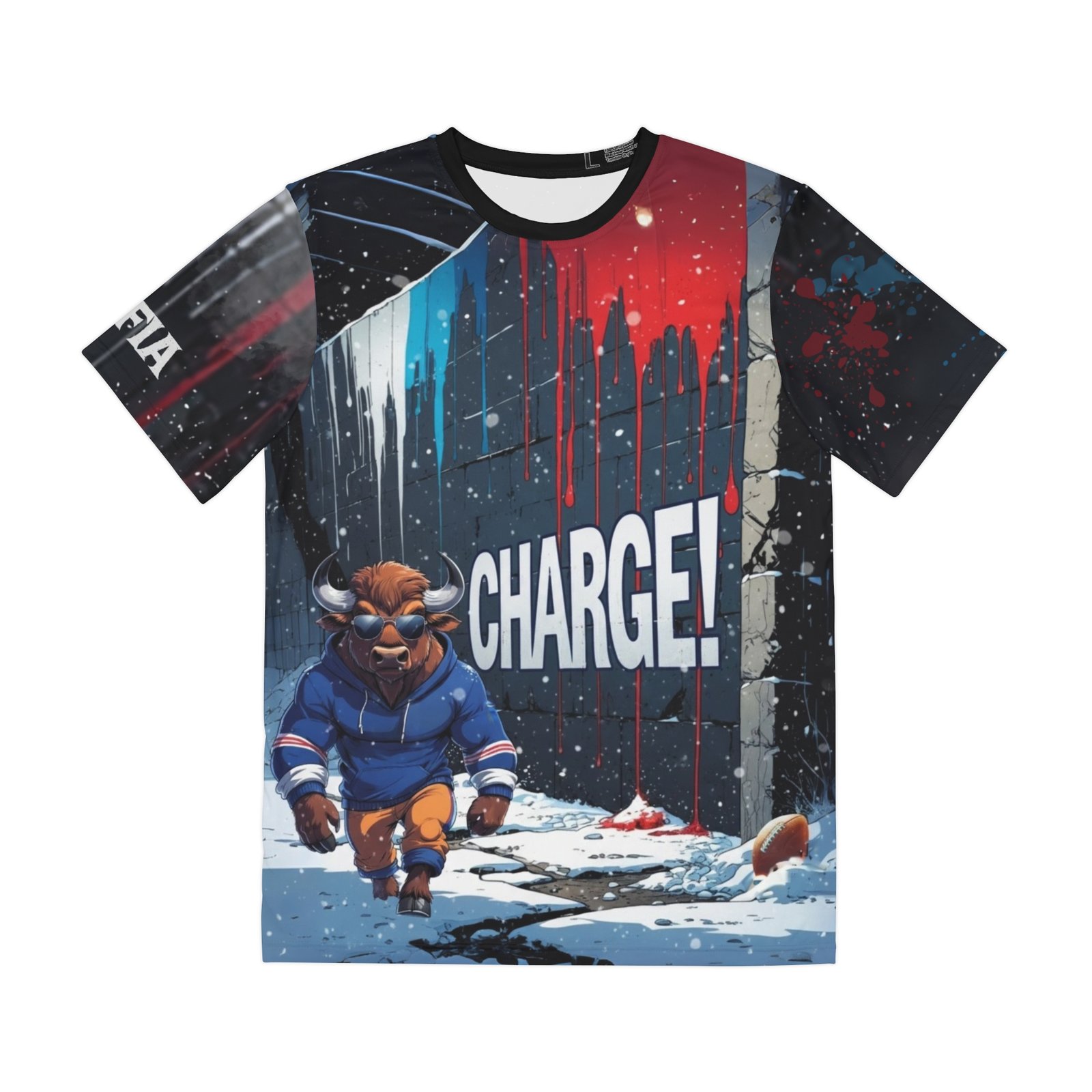 Wear the energy of the charge. The Mafia Charge T-shirt is a statement piece for those who bring intensity to everything they do. This tee showcases the full, dynamic winter artwork seen on our other products: the gritty MAFIA graffiti, the CHARGE! sign, and the powerful bull character plowing through the snow. It’s a high-impact look designed for the urban jungle.