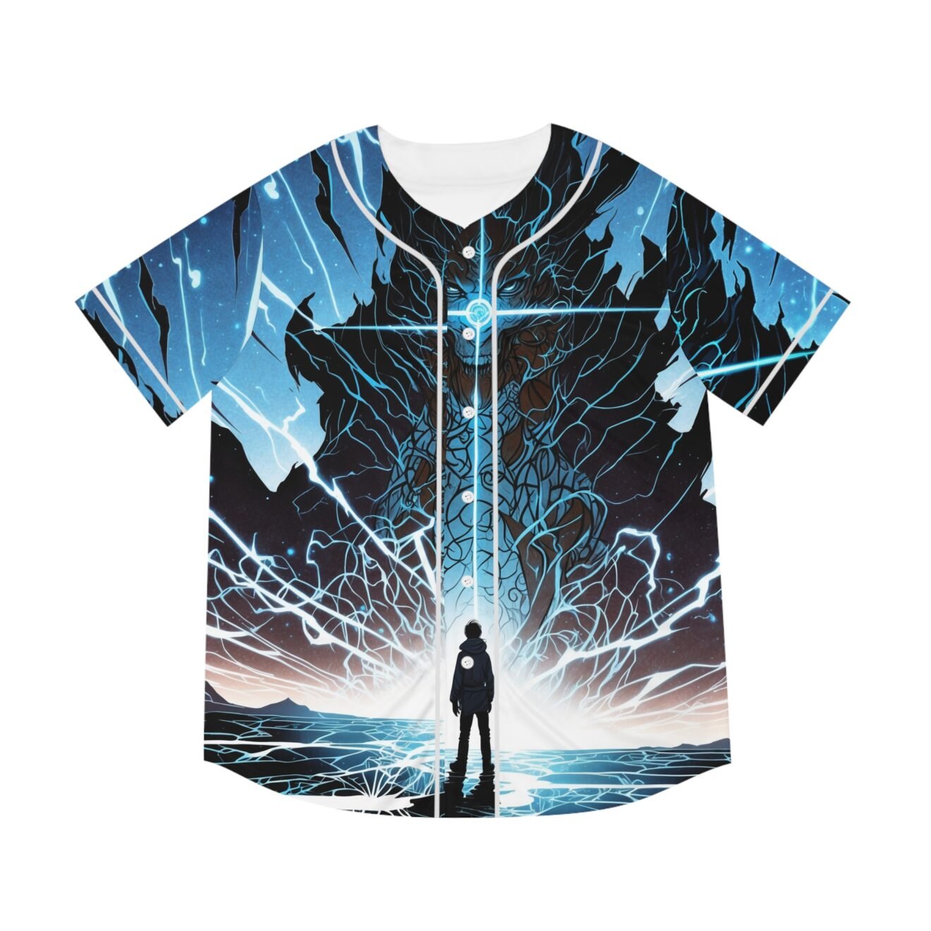 Aether Alchemy bridges cosmic horror with esoteric science. The front captures a lone human silhouette standing on a fractured grid, dwarfed by a colossal planetary entity woven from energetic blue roots and crackling white lightning. The back transitions into a clean dark canvas featuring an intricate celestial matrix inscribed with alchemical runes, trailing a fiery energetic tail, and framed by the text Aether Alchemy: The Reflection of the Void.