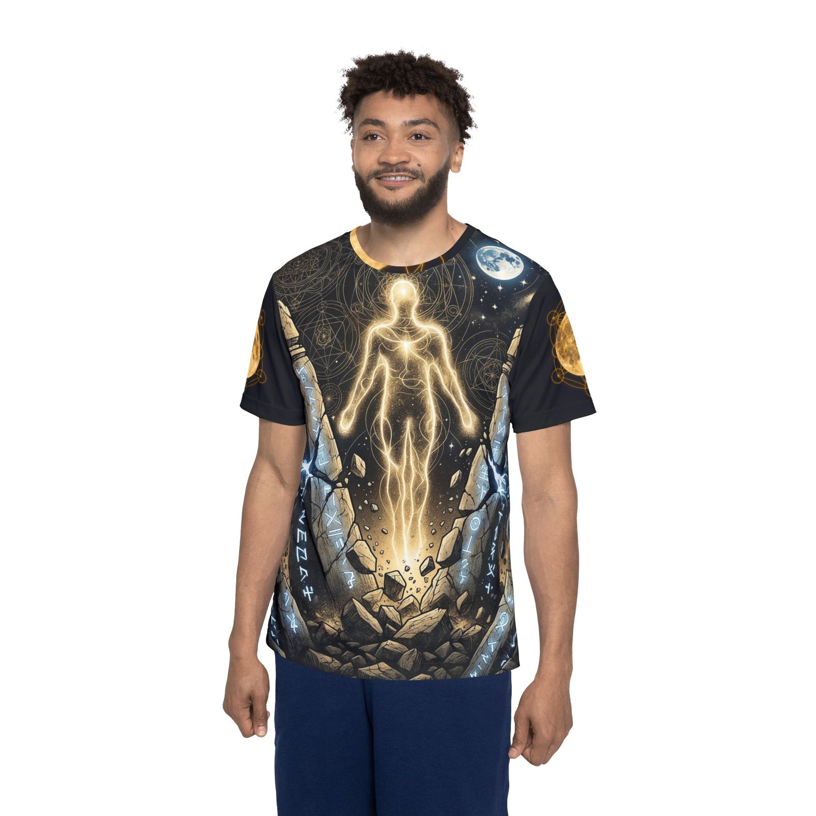 Cosmic Soul explores the connection between human consciousness and the vast universe. The front design features a glowing human silhouette ascending past ancient, fractured pillars under a bright celestial moon. The back reveals a meditative figure surrounded by intricate sacred geometry, runic script, and symbols of science and alchemy, including the famous formula E=mc2. It’s a powerful visual representation of the energy that connects us all.