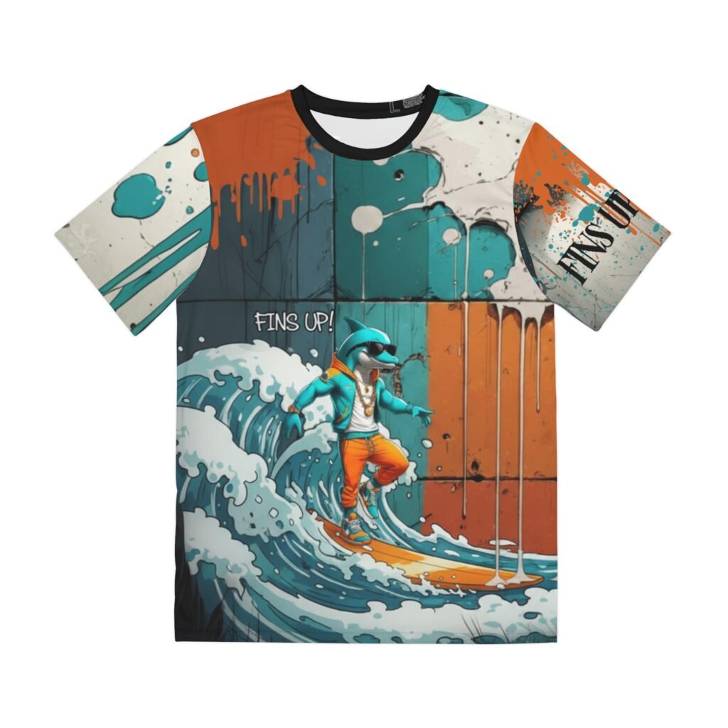 Ride the wave with supreme style. The Fins Up design from Rotten Apple Arts is a splash of urban energy and coastal cool. Set against a gritty concrete wall background with massive orange and teal graffiti paint drips, this graphic features the ultimate surf dude: a cool dolphin character in sunglasses, a gold chain, and a track outfit, shredding a wave on a surfboard. With the text FINS UP! next to him, this design is all about good vibes and bold living.