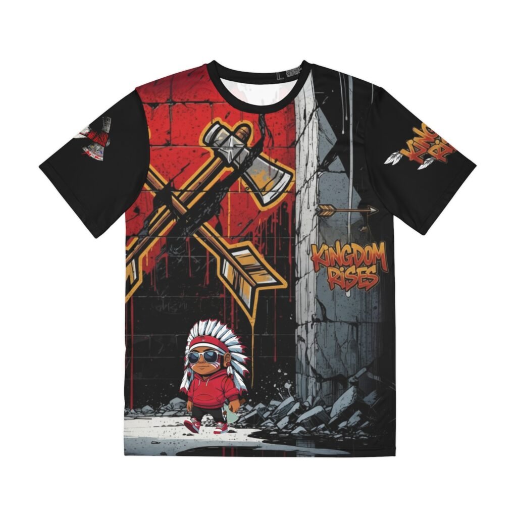Claim your territory with the Arrowhead Kingdom design, a bold new graphic exclusive to Rotten Apple Arts. This piece is a study in urban contrasts. The background is a stark split: one side features a gritty concrete wall with heavy red graffiti drips and a glowing white arrowhead outline; the other is an intense red brick wall serving as the backdrop for giant crossed Tomahawks and an arrow. At the forefront stands our stoic, swagger-filled character—a modern warrior kid in shades, a red hoodie, and a full headdress, walking through the debris of the concrete jungle. It’s a tribute to inner strength, heritage, and unbreakable street style.
