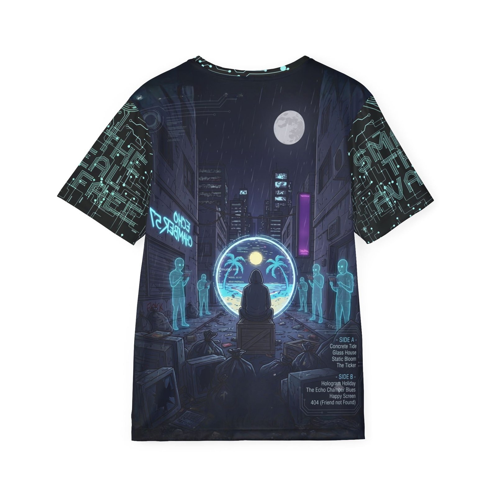 Back view of the Echo Chamber 57 all-over print t-shirt. The dark dystopian city alleyway continues, showing glowing blue digital people holding devices under a full moon. In the bottom right corner, a retro computer monitor displays the official album tracklist for Side A and Side B. Sleeves feature the green cyber-circuit pattern.