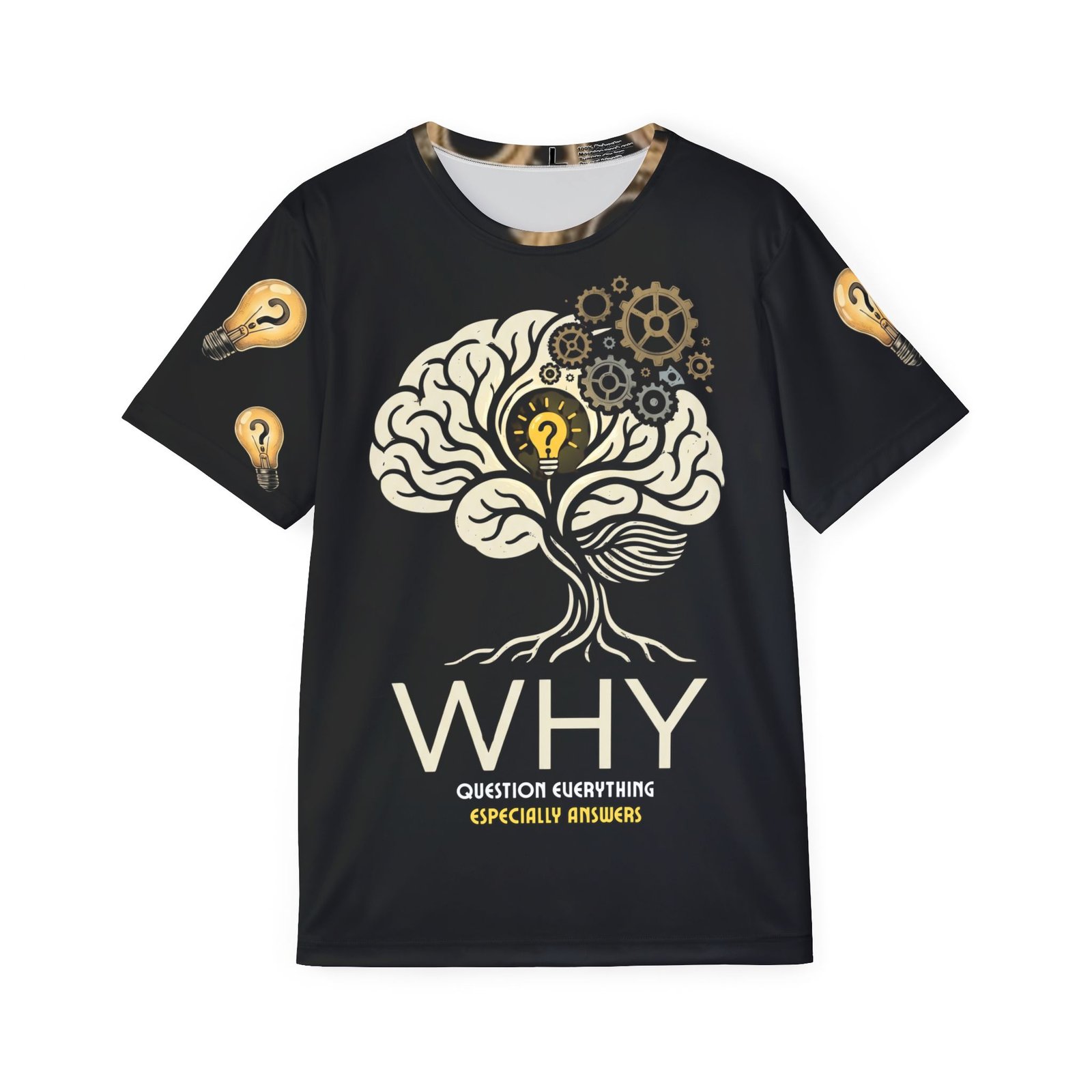 Embrace the Inquiry is an intellectual, thought-provoking design crafted for the thinkers, seekers, and lifelong learners. The artwork presents a brain-tree hybrid rooted in deep thought, branching into a complex system of gears and illuminating ideas. It encourages a deeper look at the world by challenging you to explore both the philosophical Why and the mechanical How of existence.