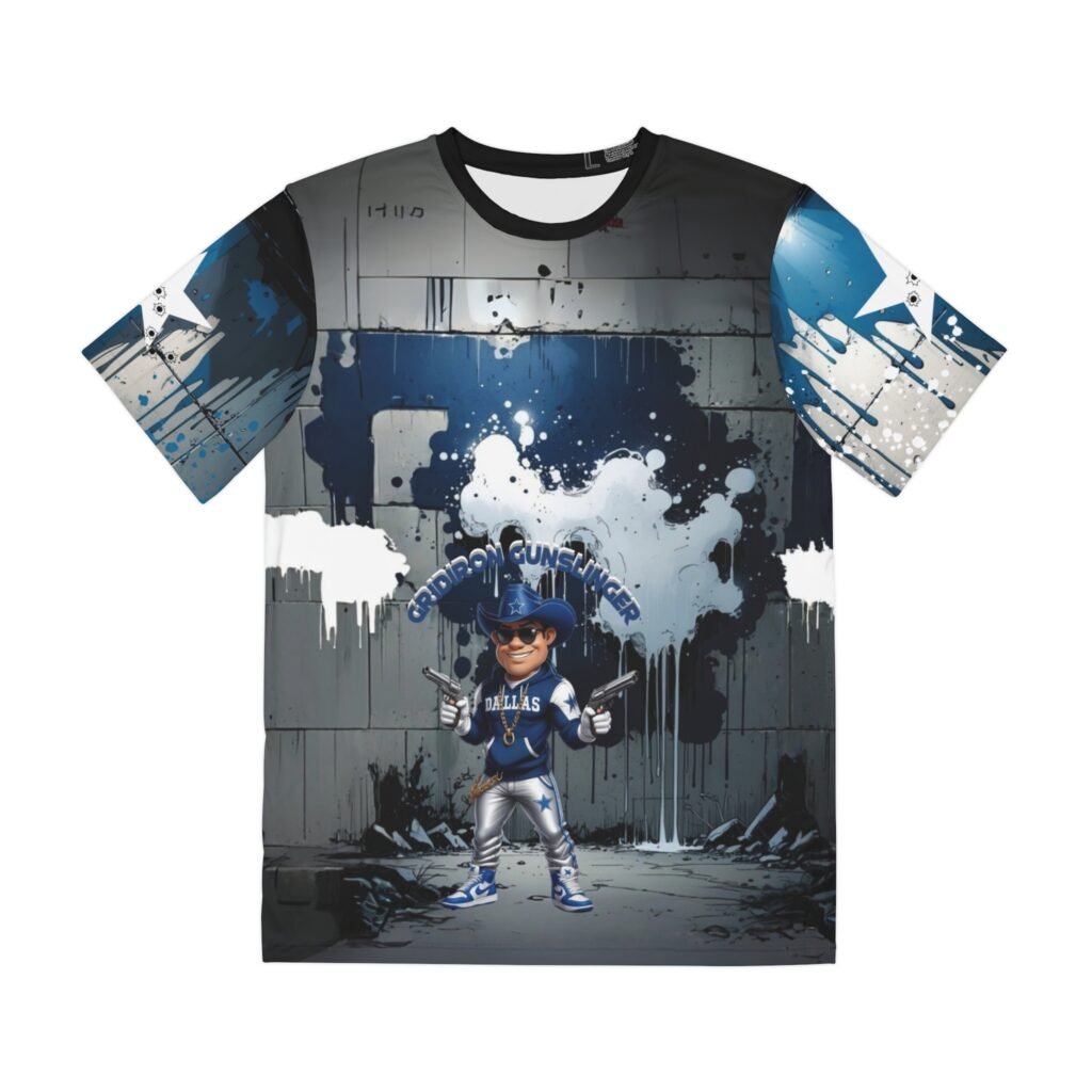 Make a winning statement with the Gridiron Gunslinger T-shirt. This premium tee showcases the electrifying Gridiron Gunslinger design, blending the coolness of a street-art cowboy with dynamic blue and white aesthetics. The bold graphics and gritty details are sure to turn heads. Crafted from comfortable, high-quality fabric, this T-shirt is perfect for everyday wear, expressing your team spirit, and embracing a unique, determined style.