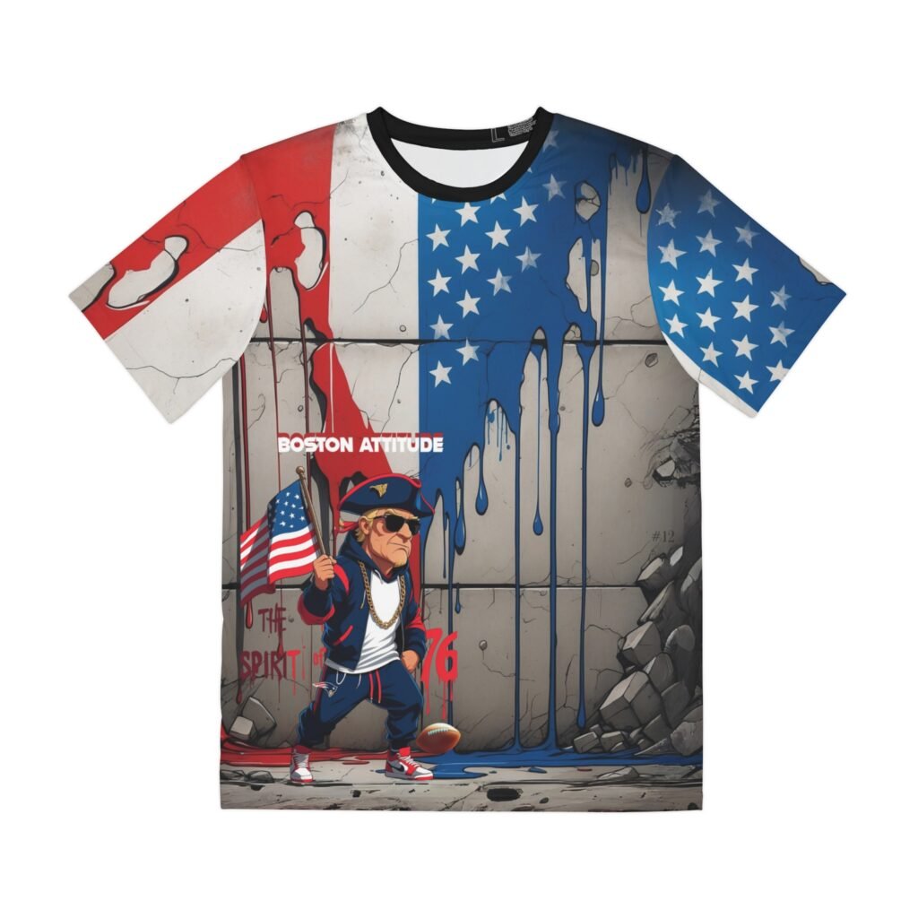 Boston Attitude is a dynamic and spirited design that captures the essence of Bostonian pride with a street-art edge. The artwork features a bold, stylized character embodying classic American revolutionary spirit, depicted with a modern, gritty flair. He wears a tricorn hat, holds an American flag, and sports a confident, unyielding expression. The background is a stark, textured wall, dramatically splattered with vibrant red and blue paint drips, reminiscent of the American flag's colors. The phrases BOSTON ATTITUDE and BOSTON GRIT are subtly integrated into the design, emphasizing the city's tenacious and proud spirit. This design is a tribute to history, resilience, and urban cool.