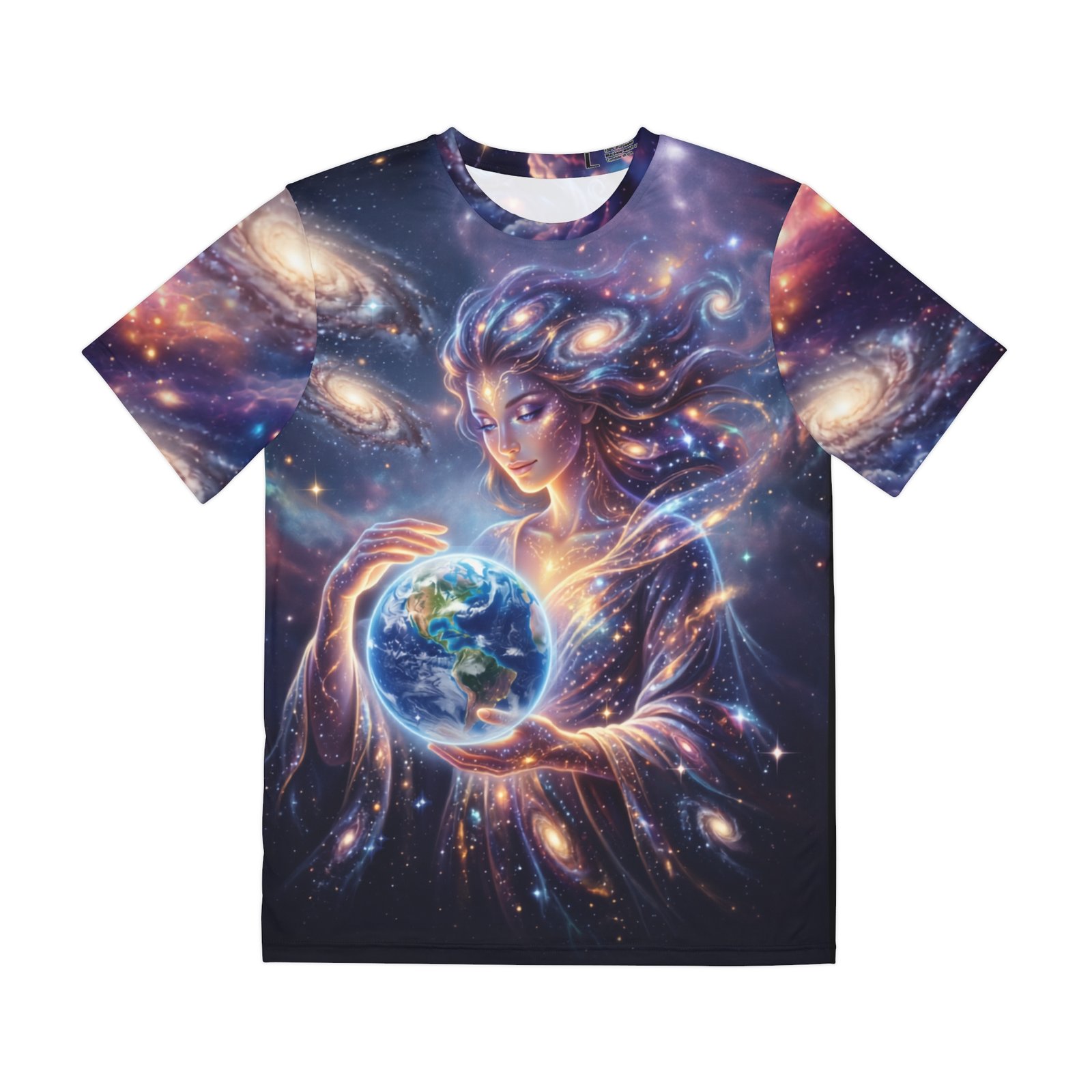 Cosmic Guardian is a vibrant, awe-inspiring tribute to our planet and the vast universe surrounding it. The front centers on a majestic celestial goddess gently cradling a glowing Earth in her hands, her hair flowing seamlessly into swirling stardust and distant galaxies. The back expands into a rich cosmic tapestry featuring a glowing sun, brilliant nebulas, and an empowering message of environmental stewardship: Protect. Nurture. Preserve. Protecting our planet in the vast universe. Cosmic Guardian of Earth.