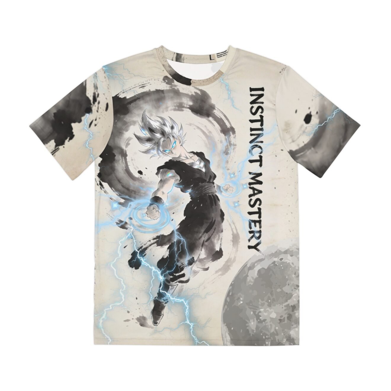 Instinct Mastery captures the raw, elegant fusion of ancient artistry and unmatched power. The design utilizes a beautiful ink wash background texture to present a martial artist channeling absolute concentration on the front, underscored by crackling blue lightning arcs. The reverse showcases a magnificent eastern dragon with piercing red eyes wrapping around a traditional brush-stroke circle containing the kanji for dragon.