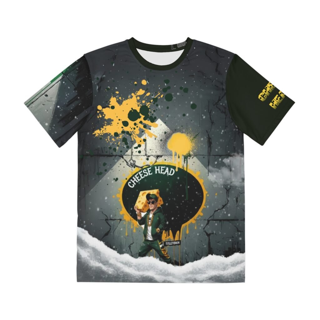 Rep Titletown with the ultimate fan swagger. The Cheese Head design from Rotten Apple Arts is a bold, urban tribute to the green and gold. Set against a gritty, snow-covered concrete background, this street-art graphic features a cool character decked out in a tracksuit, shades, and a gold chain, proudly wearing a cheese wedge on his head and carrying another. Graffiti drips in team colors, spotlights, and a TITLETOWN street sign complete the scene, making this the undisputed champion of fan gear style.