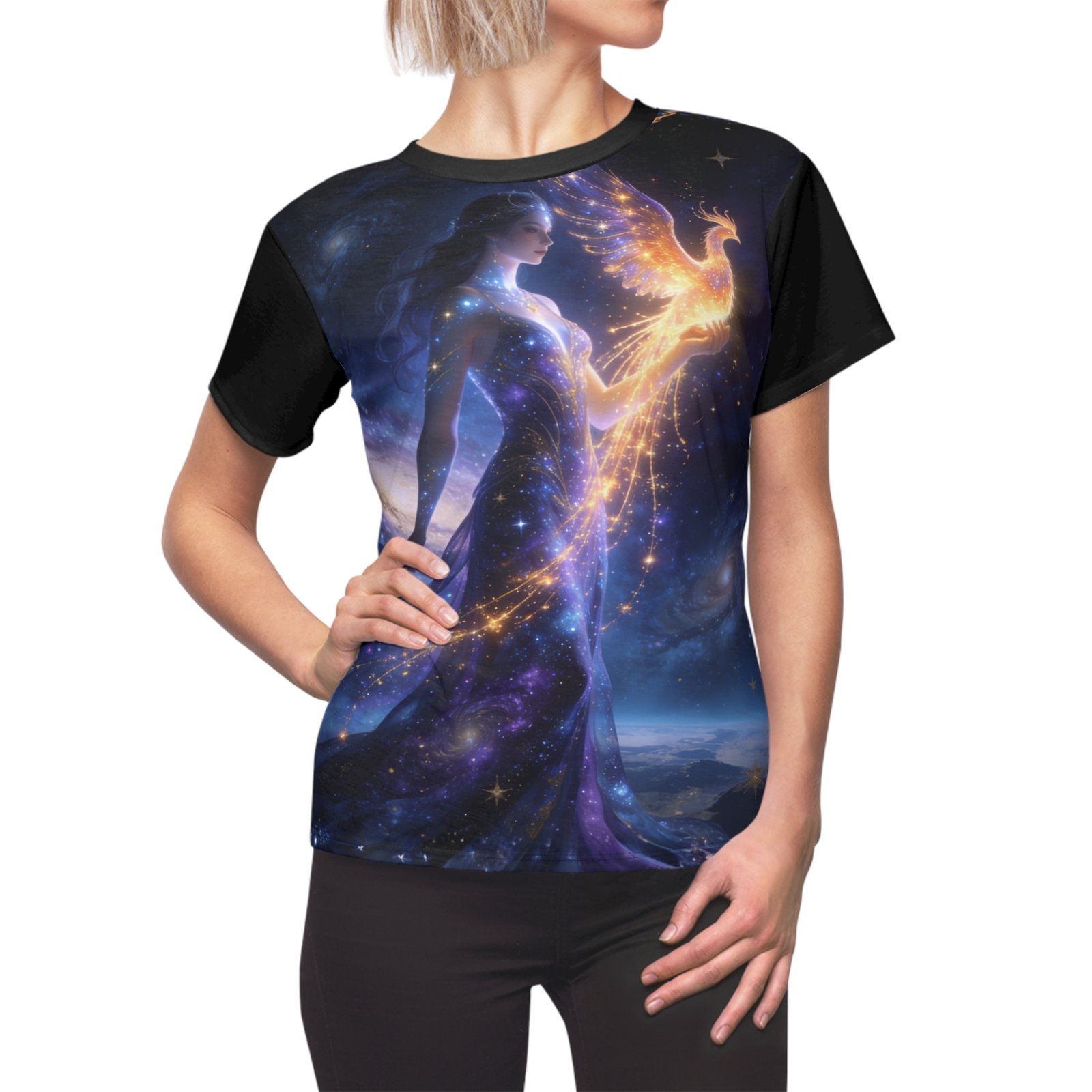 Phoenix Rising represents the ultimate cosmic rebirth. The front design captures a majestic star goddess cradling and releasing a magnificent, glowing phoenix of pure golden flame. Her gown seamlessly blends into deep space nebulas and starry skies. The reverse showcases the fiery bird in full flight, its trailing embers weaving down into an elegant, illuminated sacred geometry matrix.