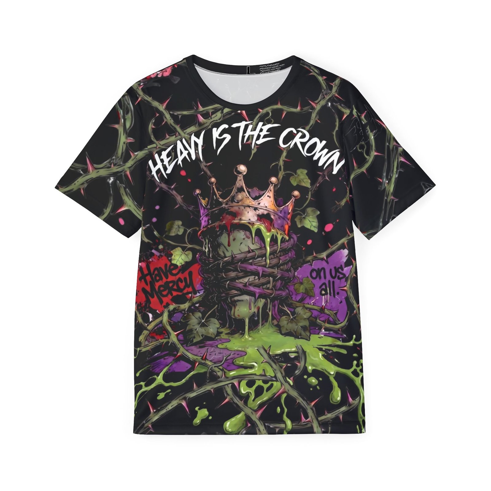 Kingdoms Fall is a raw, high-impact dark aesthetic design that explores the collapse of power and the reclamation of nature. The front captures a melting, neglected crown choked by sharp, sprawling briars and vibrant neon-green ooze under the warning Heavy Is The Crown. The back features an elaborate metallic multi-headed dragon sigil flanked by thorns and blooming flowers, declaring a absolute collapse with the slogans Kingdoms Fall, The cost is high, and Long Live Nothing.