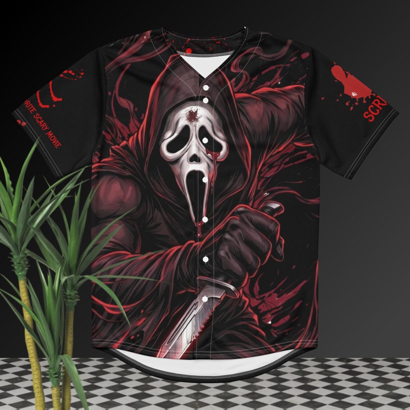 The Ultimate Slasher Survival Guide is a high-octane, double-sided satirical tribute to classic horror cinema. The front features a menacing, hooded slasher wielding a bloodied serrated tactical knife wrapped in a chaotic vortex of crimson energy.