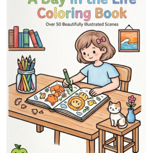 Front cover illustration featuring a young girl sitting at a wooden desk with colored pencils, happily coloring in an open art book next to a small cat and flower vase on a wooden stool.
