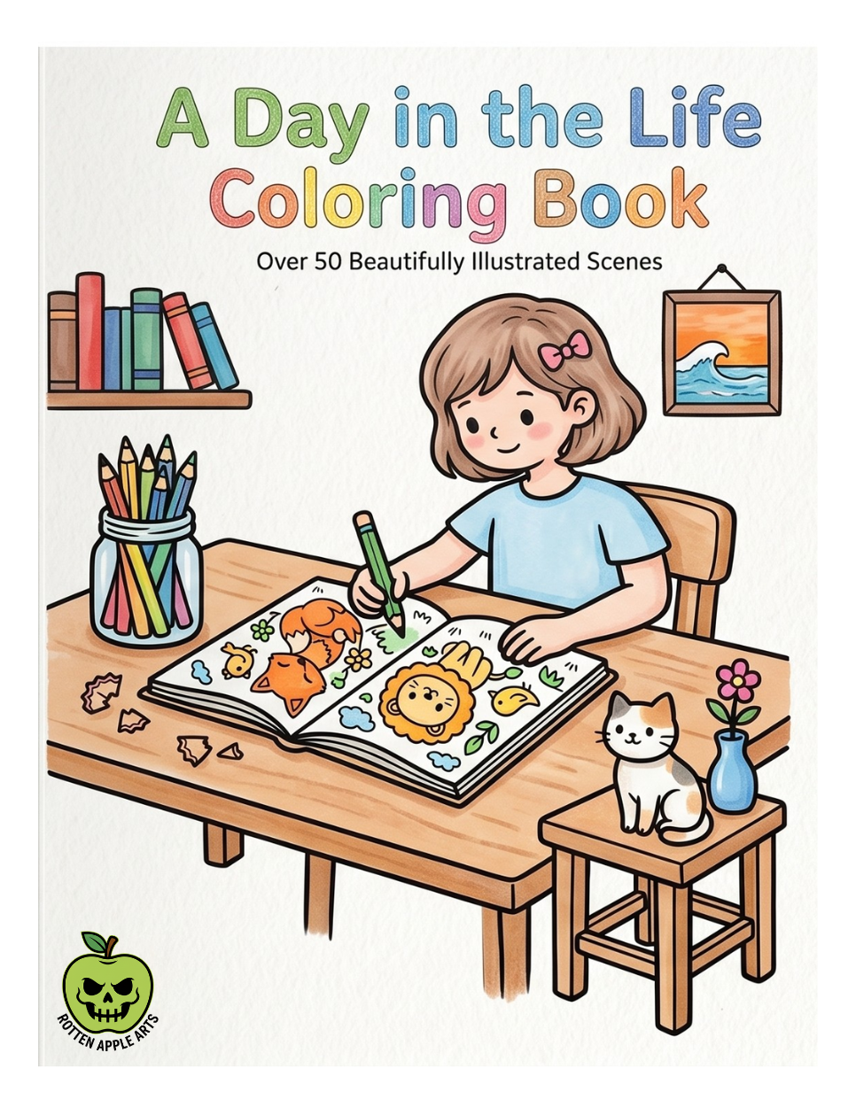 Front cover illustration featuring a young girl sitting at a wooden desk with colored pencils, happily coloring in an open art book next to a small cat and flower vase on a wooden stool.