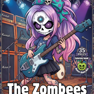 Front cover illustration featuring a cute chibi zombie girl with purple hair and a skull bow, holding an electric guitar on a rock stage in front of guitar amplifiers.