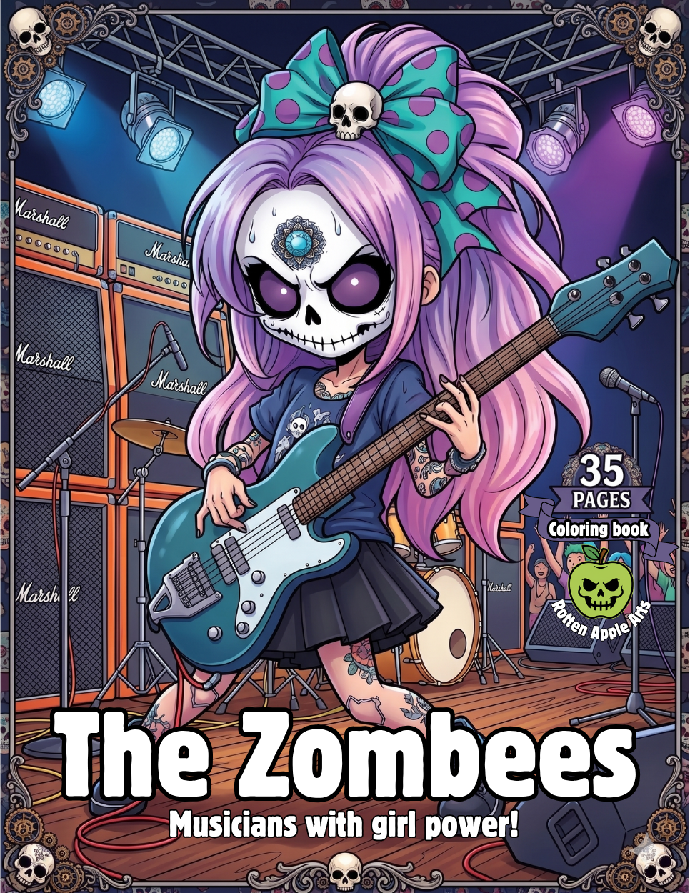 Front cover illustration featuring a cute chibi zombie girl with purple hair and a skull bow, holding an electric guitar on a rock stage in front of guitar amplifiers.