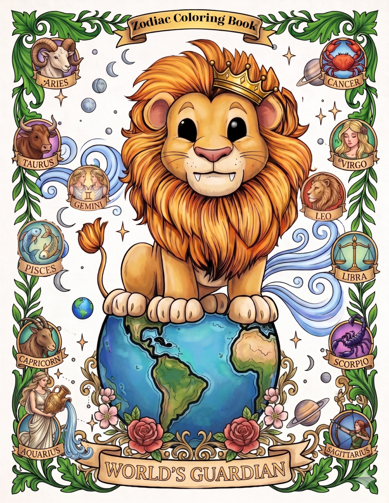 Front cover illustration featuring a regal, crowned chibi lion representing Leo perched atop planet Earth, framed by starry cosmic constellations, roses, and circular medallions of the twelve zodiac signs.