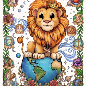 Front cover illustration featuring a regal, crowned chibi lion representing Leo perched atop planet Earth, framed by starry cosmic constellations, roses, and circular medallions of the twelve zodiac signs.