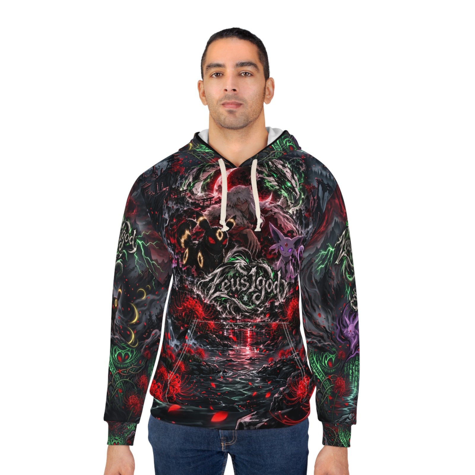 Front view of a man wearing the Zeus God all-over print pullover hoodie, featuring an intricate, edge-to-edge dark fantasy graphic in crimson, black, and violet with stylized center chest script, a front kangaroo pocket, and white drawstrings.